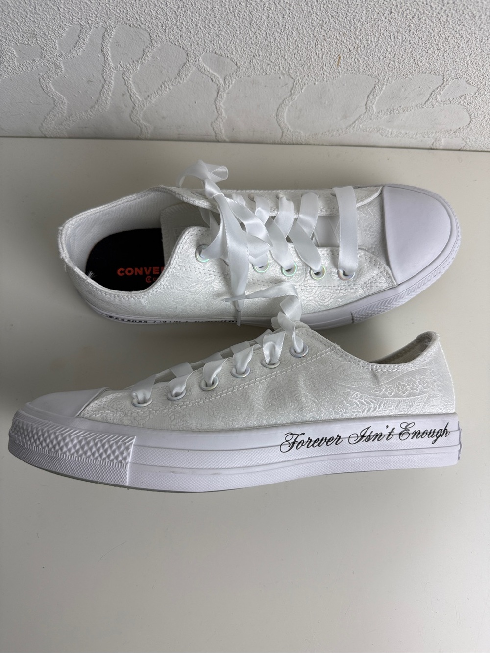 Converse Custom 'Forever Isn't Enough' White Lace Low Top Sneakers Size 8 NWOT